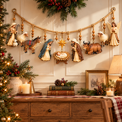 🎄 Christmas Nativity Hanging Garland – 3D Holy Family & Manger Scene, Rustic Fireplace Mantel Decor ✨