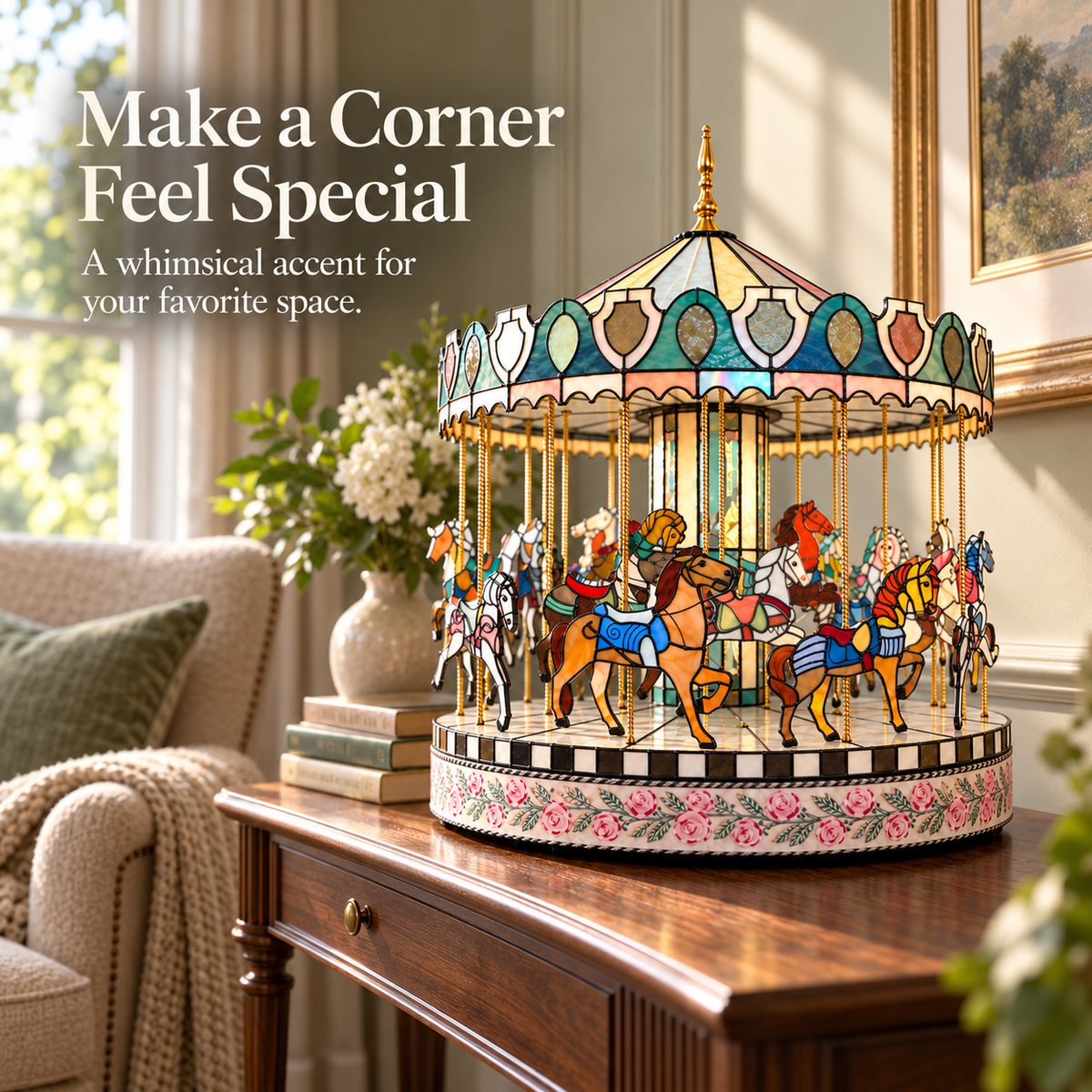 Storybook Carousel of Wonder – Rotating Horse Tabletop Décor