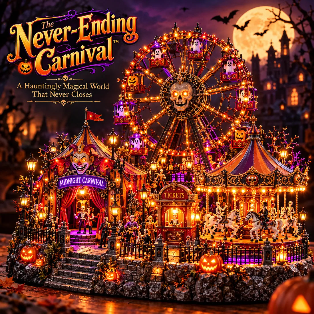 🎃👻Haunted Halloween Wonderland – Light-Up Ghost Train Village & Spooky Carnival Display