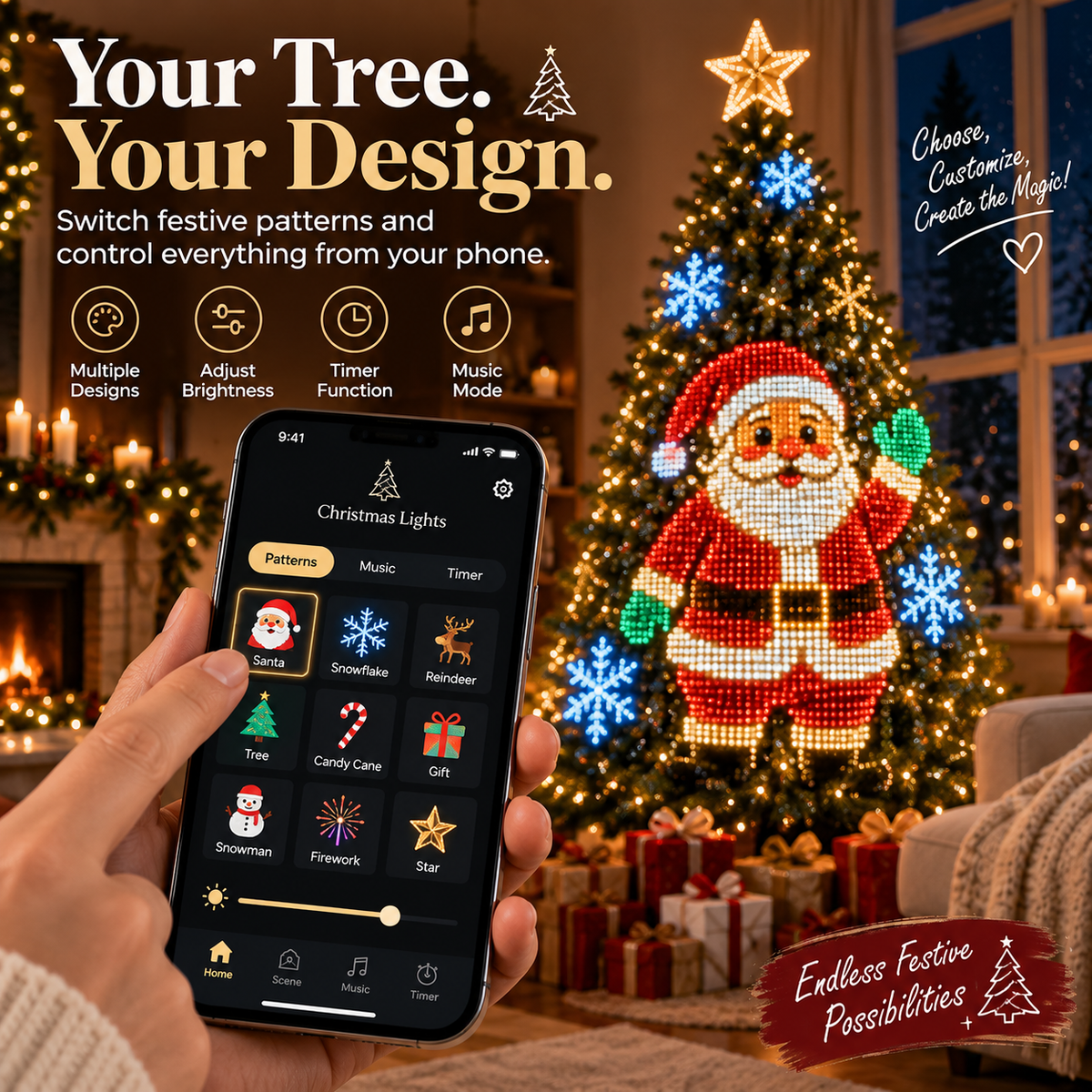 🎄 Smart Wrap-Around Christmas Tree Lights – 12+ App-Controlled Festive Designs