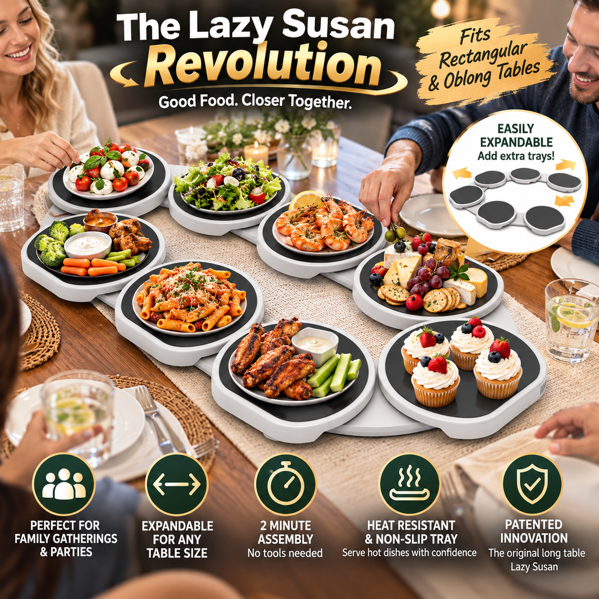 Expandable rotating Lazy Susan serving system for dining tables