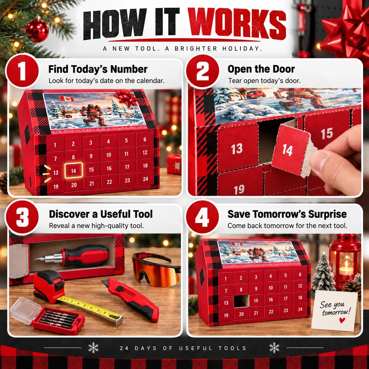 Step by step demonstration of opening a 24 day tool Christmas calendar