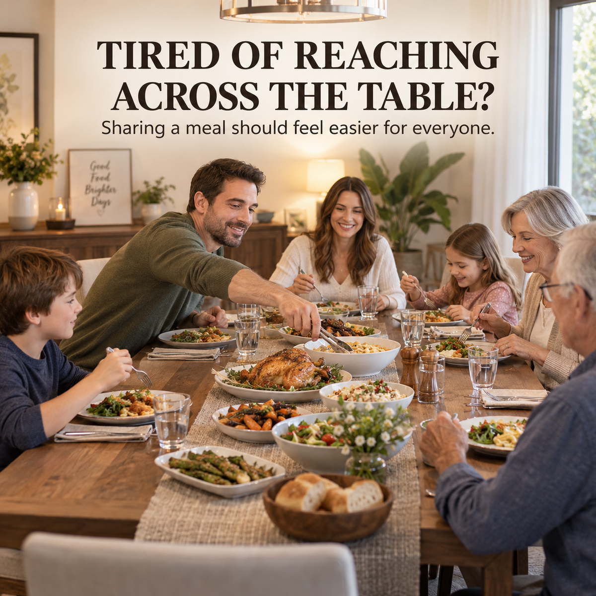 Family reaching across a long dining table for shared dishes