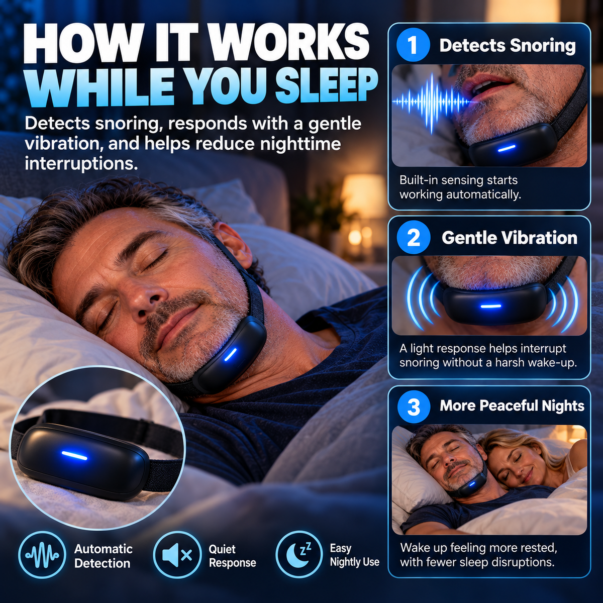 🌙💤 Smart Anti-Snoring Device – Automatic Snore Detection & Gentle Vibration Feedback | USB Rechargeable