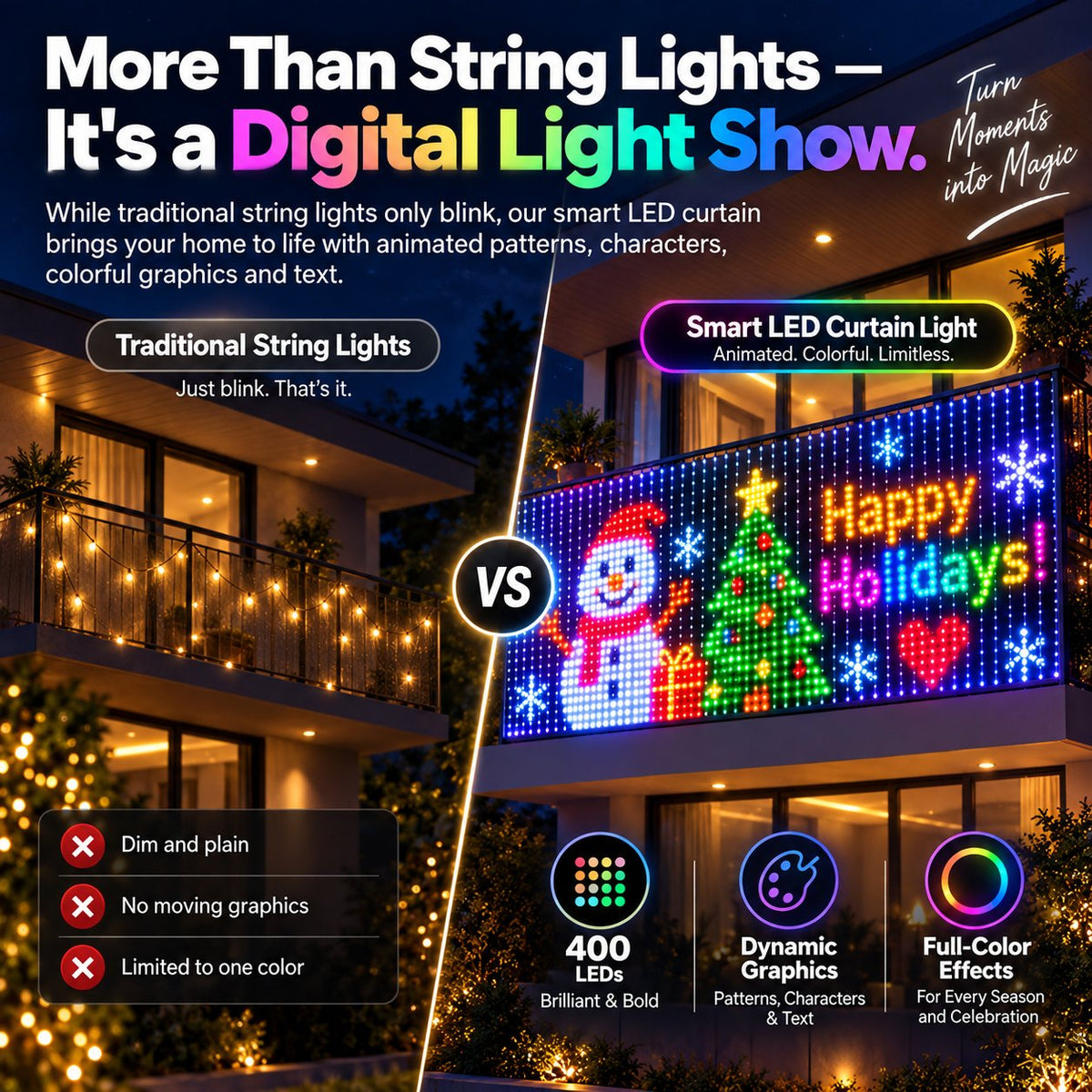 LED curtain light displaying animated Christmas graphics