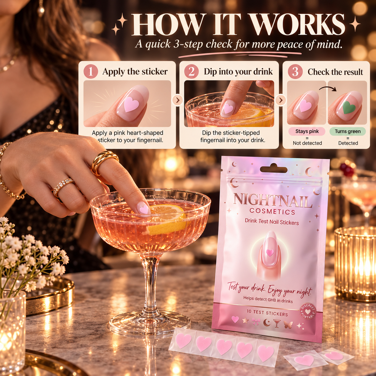 💅 Drink Test Nail Stickers – Discreet GHB Testing | 10-Pack