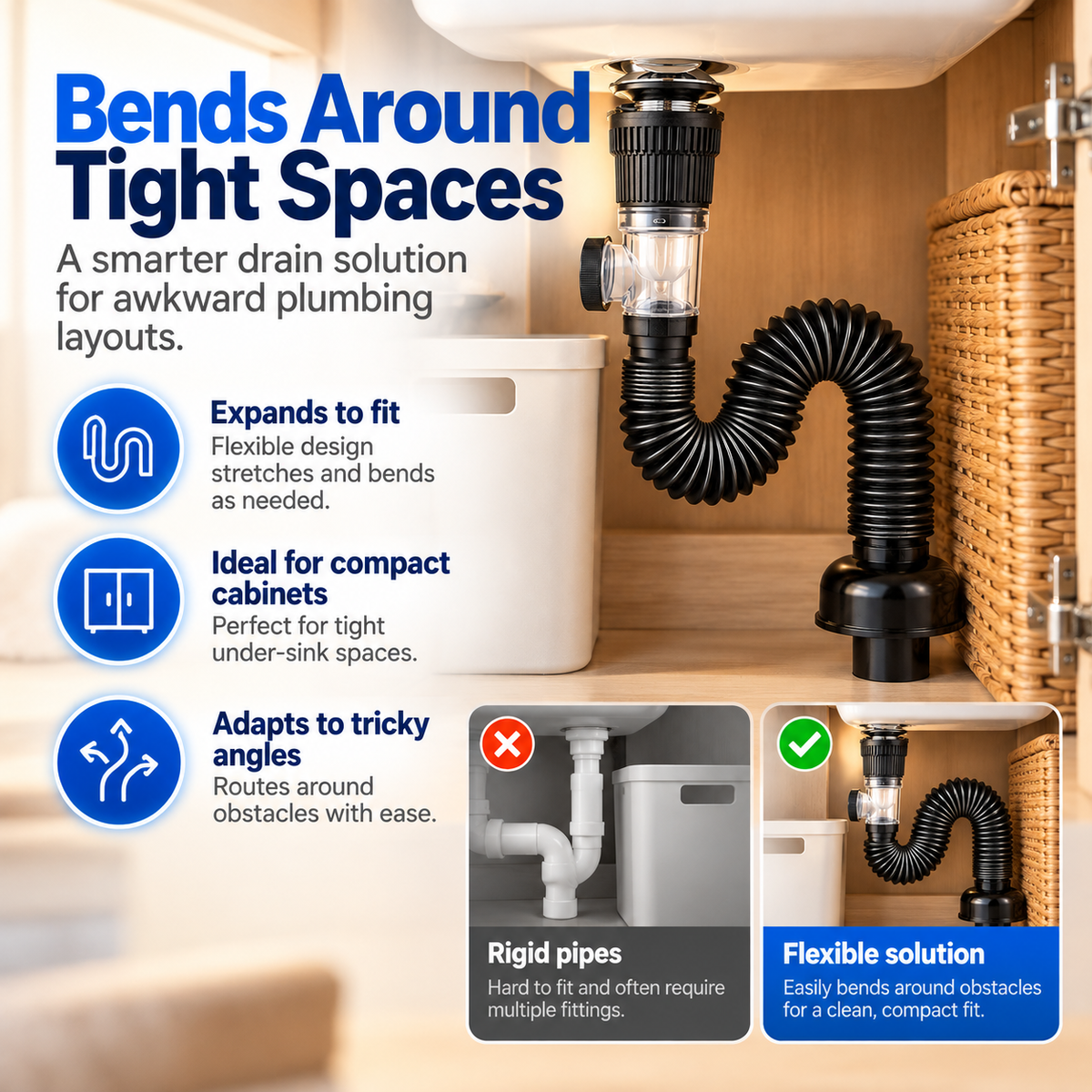 Flexible Sink Drain Kit – Adjustable Bendable Pipe with Anti-Odor Drain System