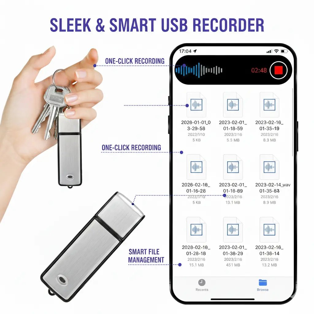 2-in-1 USB Flash Drive Voice Recorder with Noise Reduction & Auto-Save