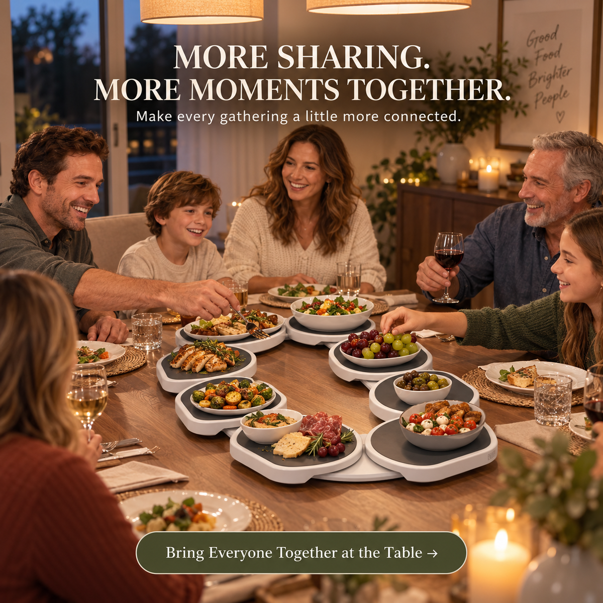 Family sharing dinner around expandable rotating serving system