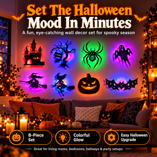 🎃8-Piece Halloween Lighted Wall Decor Set – Colorful Spooky Glow Decorations
