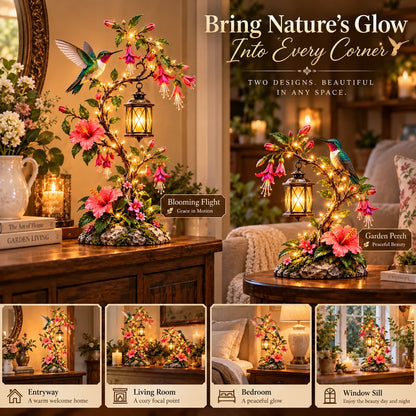 🌸 Hummingbird Garden Lantern – Lighted Floral Tabletop Decor with Warm LED Glow
