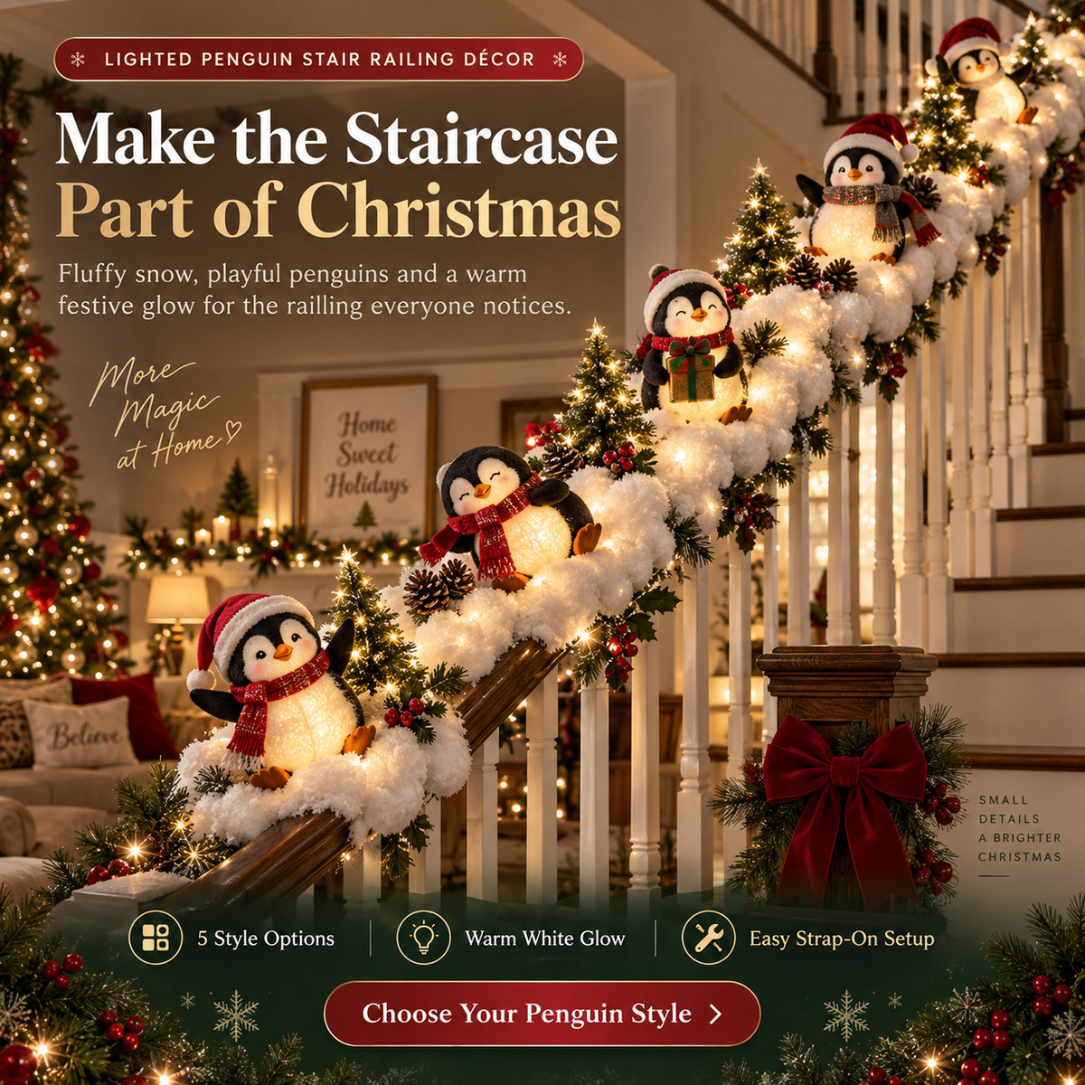 🐧 Lighted Penguin Christmas Stair Railing Décor – Snowy Banister Accent