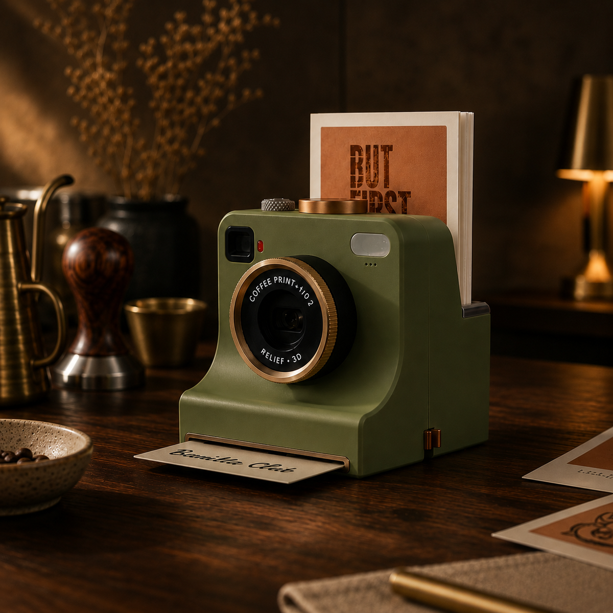 Olive green mechanical latte art camera