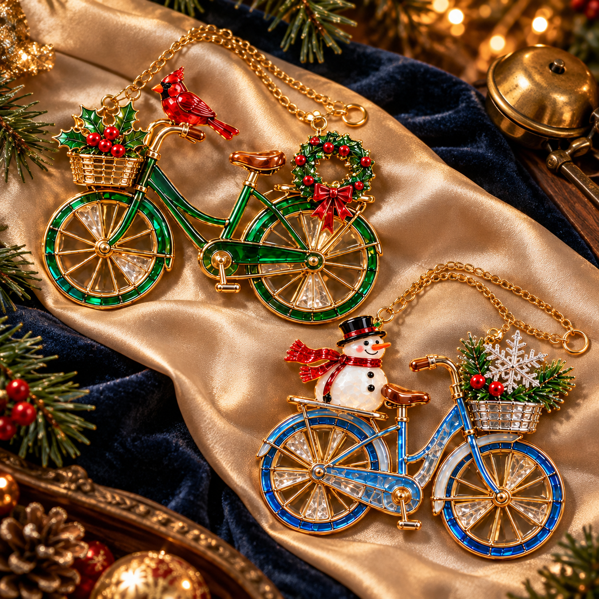🎄 2026 Vintage Stained Glass Christmas Bicycle Ornaments – Set of 6