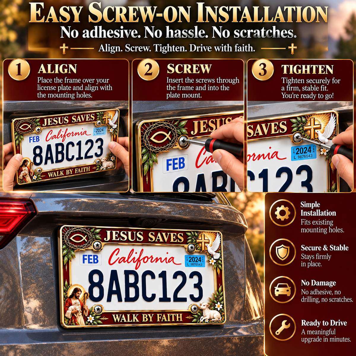 🐑🕊️ “Jesus Saves – Walk by Faith” Jesus Commemorative Metal License Plate Frame