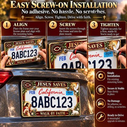🐑🕊️ “Jesus Saves – Walk by Faith” Jesus Commemorative Metal License Plate Frame