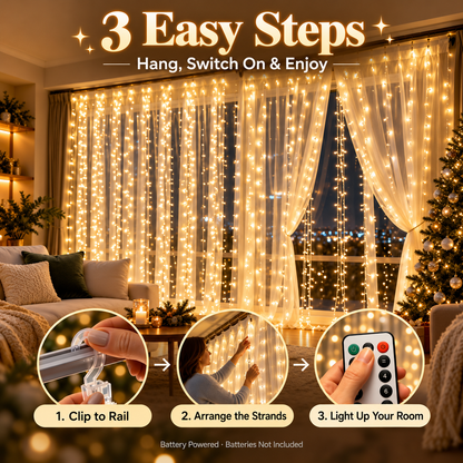 🎄 Christmas Curtain Lights – Warm White LED Window Lights with Remote Control