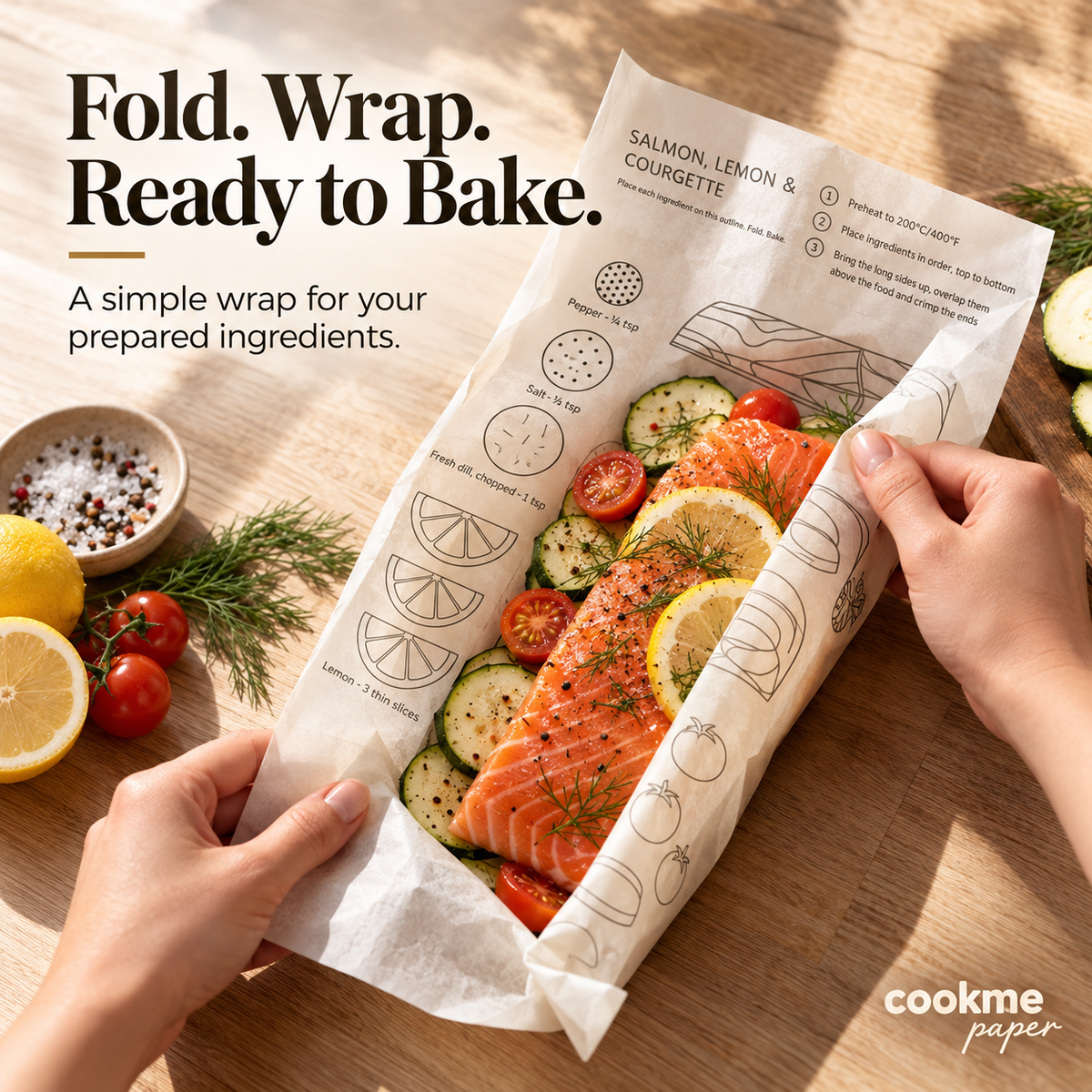 🍽️ Recipe-Printed Parchment Sheets – Place, Fold & Bake