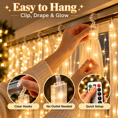 🎄 Christmas Curtain Lights – Warm White LED Window Lights with Remote Control