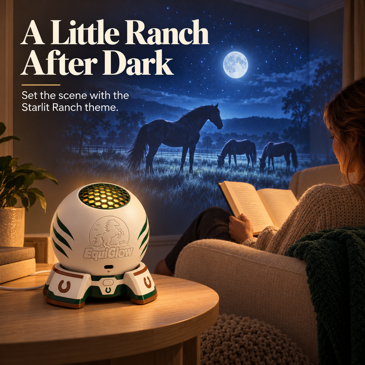 Starlit Ranch horse scene projected on wall while woman reads