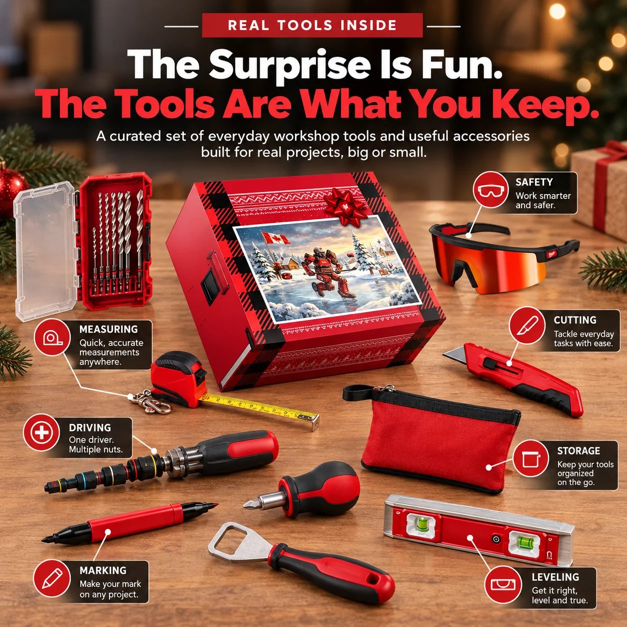 Assortment of practical tools including drill bits tape measure drivers utility knife and level