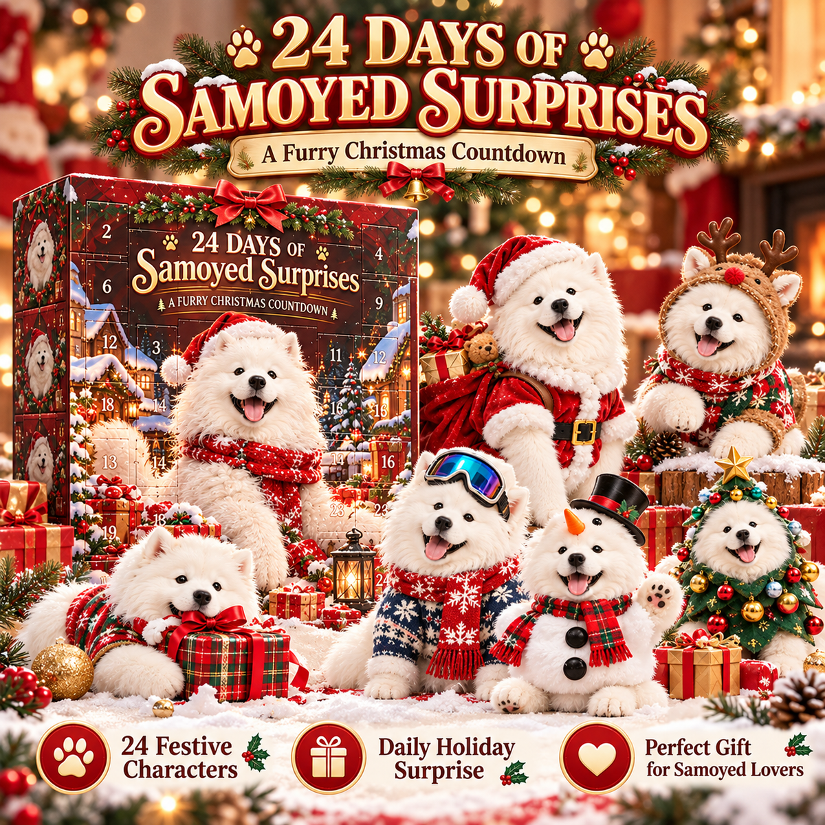 🐶🎄 24-Day Samoyed Christmas Countdown – Fluffy Mini Figurine Advent Collection