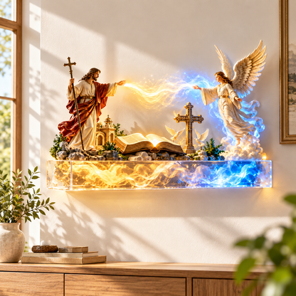 ✝️✨ Divine Light of Faith™ – 3D Lighted Jesus & Angel Cross Wall Art