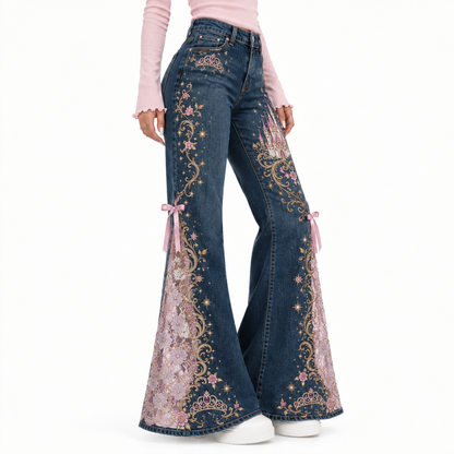 💖Romantic Embroidered Flare Jeans – High-Rise Denim with Lace Panels🌹