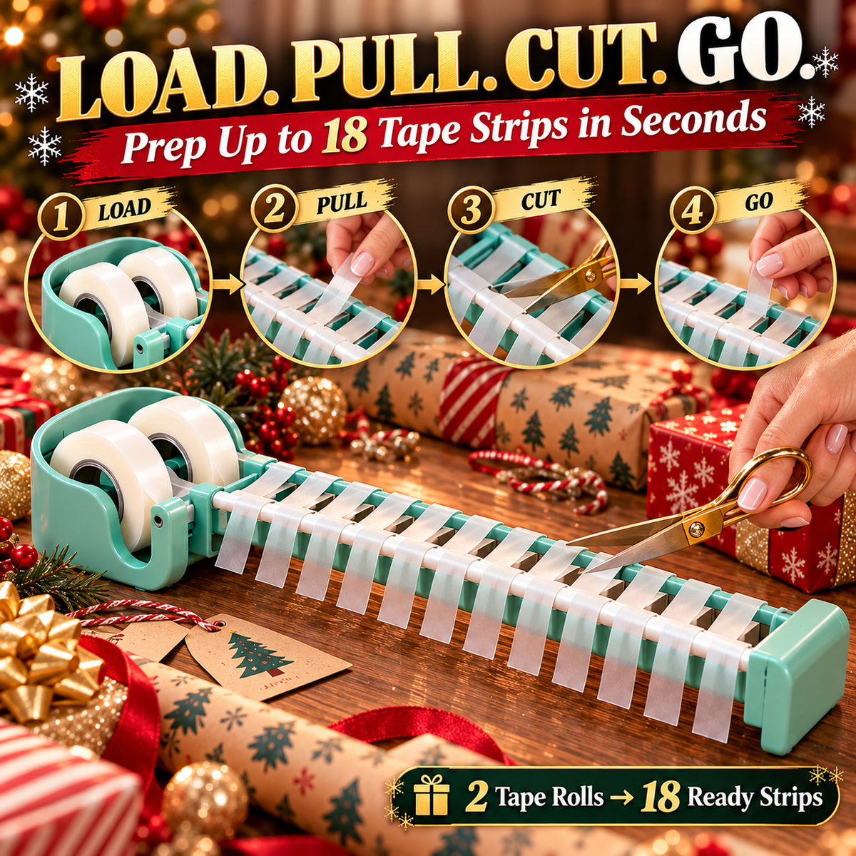 🎁✂️ Tape Zoomie 2-Pack – 18 Ready Tape Strips for Faster Gift Wrapping 🎄✨