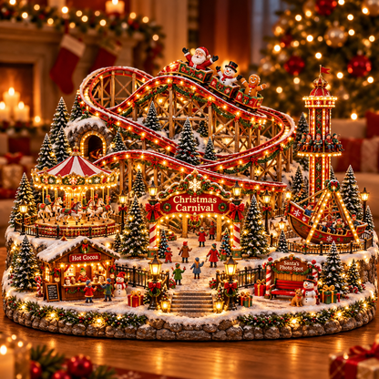 🎢 Magical Christmas Carnival Village – Animated Roller Coaster & Lighted Holiday Decor