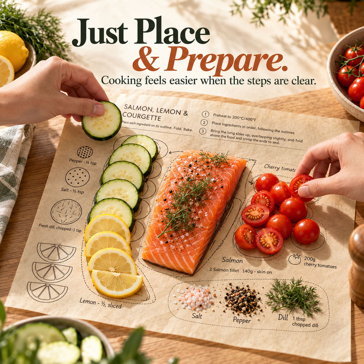 🍽️ Recipe-Printed Parchment Sheets – Place, Fold & Bake