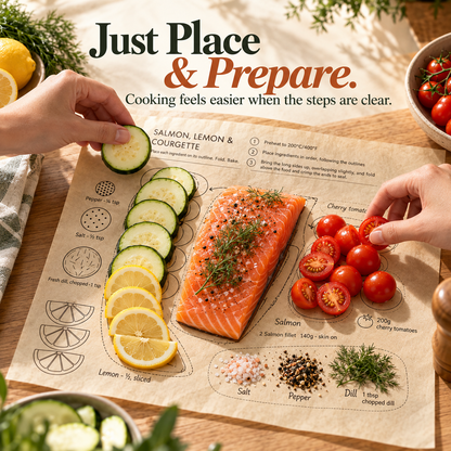 🍽️ Recipe-Printed Parchment Sheets – Place, Fold & Bake