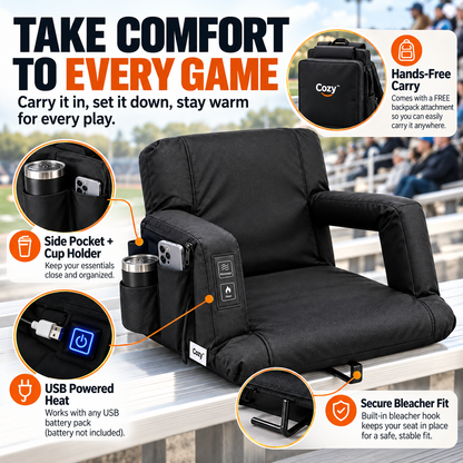 🔥 Heated & Massaging Bleacher Seat – 3 Heat Levels, 6 Reclining Positions