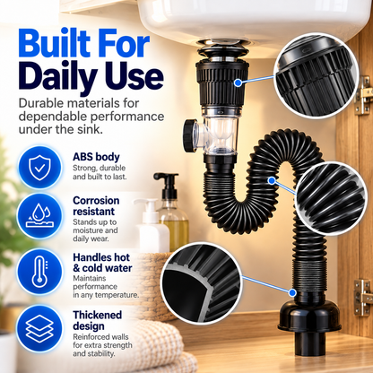 Flexible Sink Drain Kit – Adjustable Bendable Pipe with Anti-Odor Drain System
