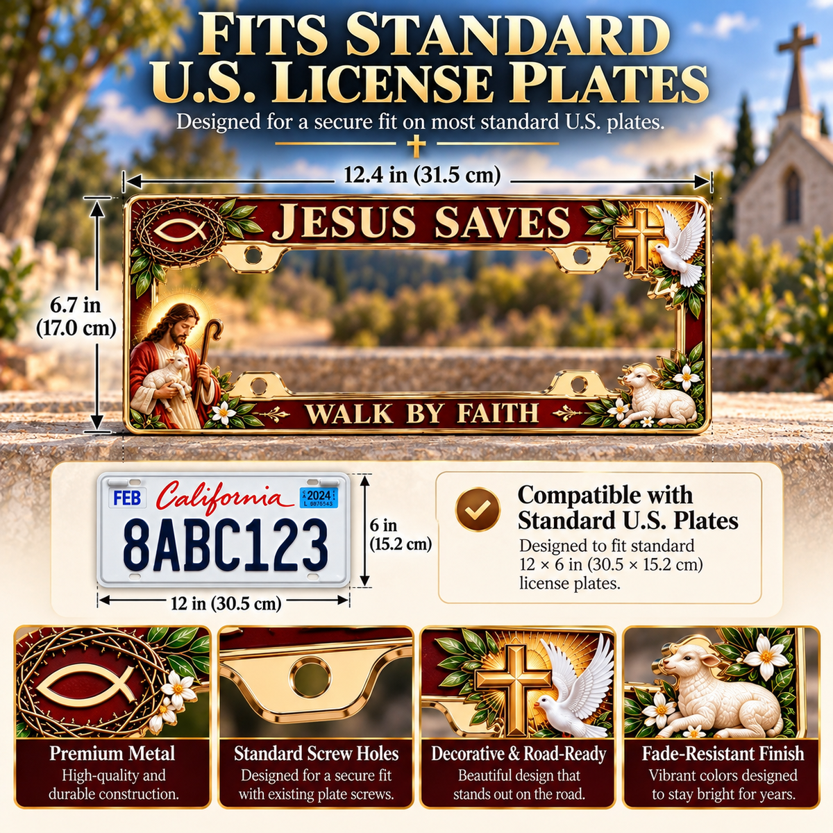 🐑🕊️ “Jesus Saves – Walk by Faith” Jesus Commemorative Metal License Plate Frame