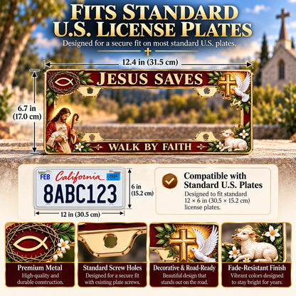 🐑🕊️ “Jesus Saves – Walk by Faith” Jesus Commemorative Metal License Plate Frame