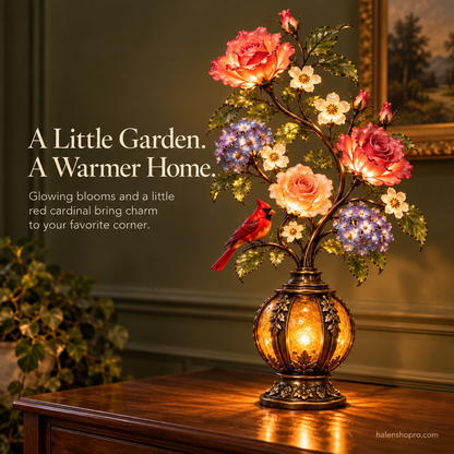 🌸🐦 Cardinal Garden Glow – Vintage Floral Accent Lamp with Warm Amber Light ✨