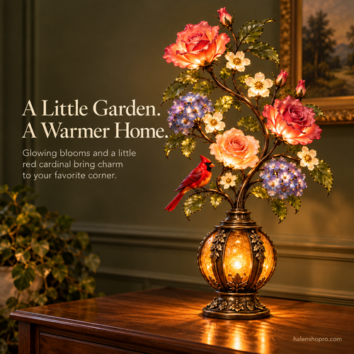 🌸🐦 Cardinal Garden Glow – Vintage Floral Accent Lamp with Warm Amber Light ✨