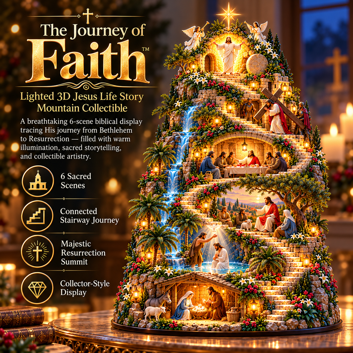 ✝️ The Journey of Faith™ – Lighted 3D Jesus Life Story Mountain with 6 Sacred Biblical Scenes