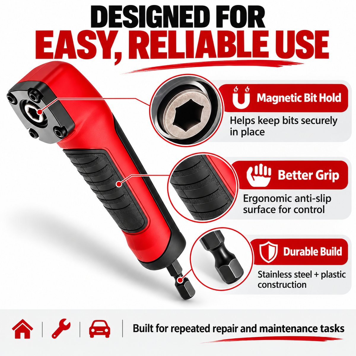 Ergonomic anti slip grip on compact right angle drill adapter