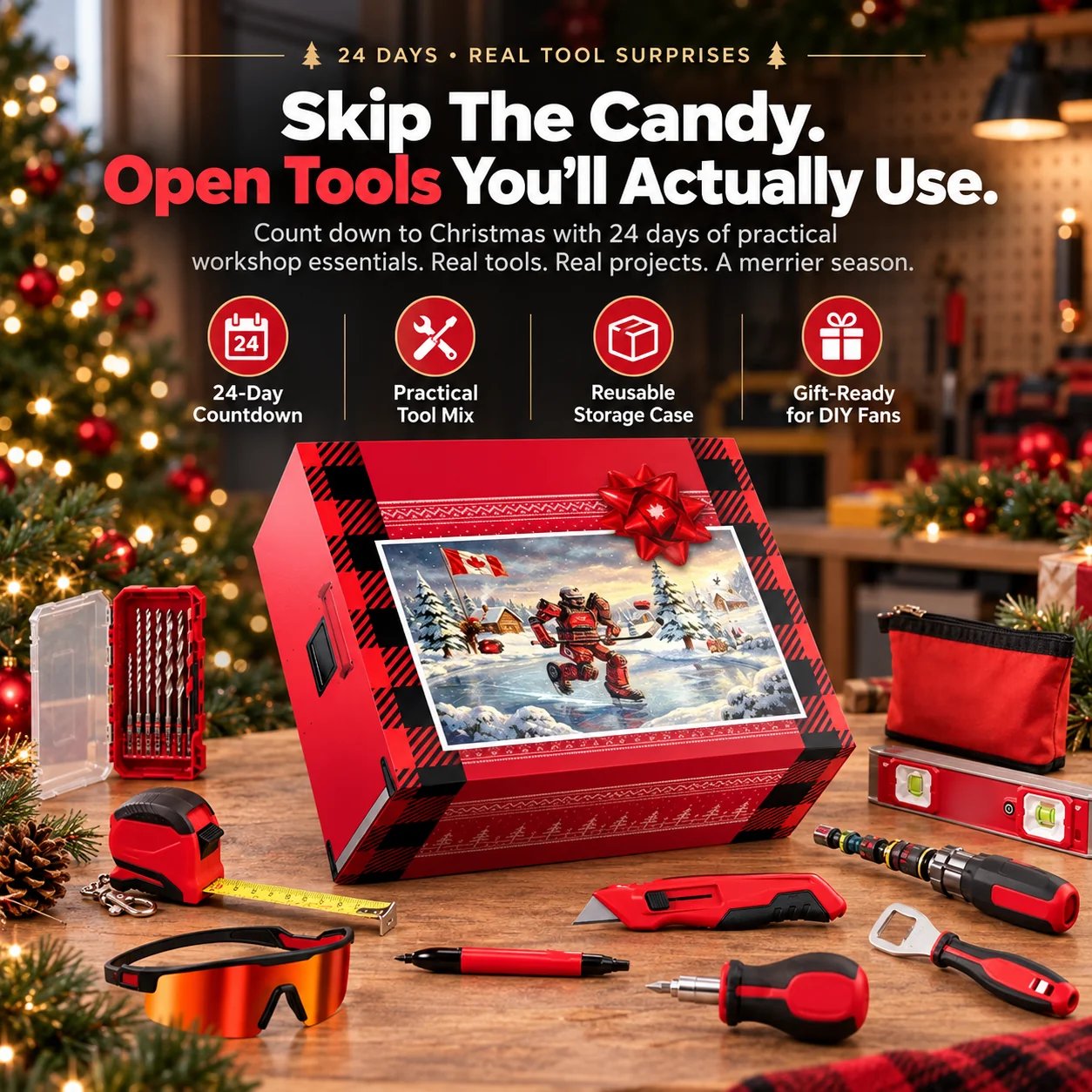 24 Days of Tools Christmas countdown gift set in a festive workshop