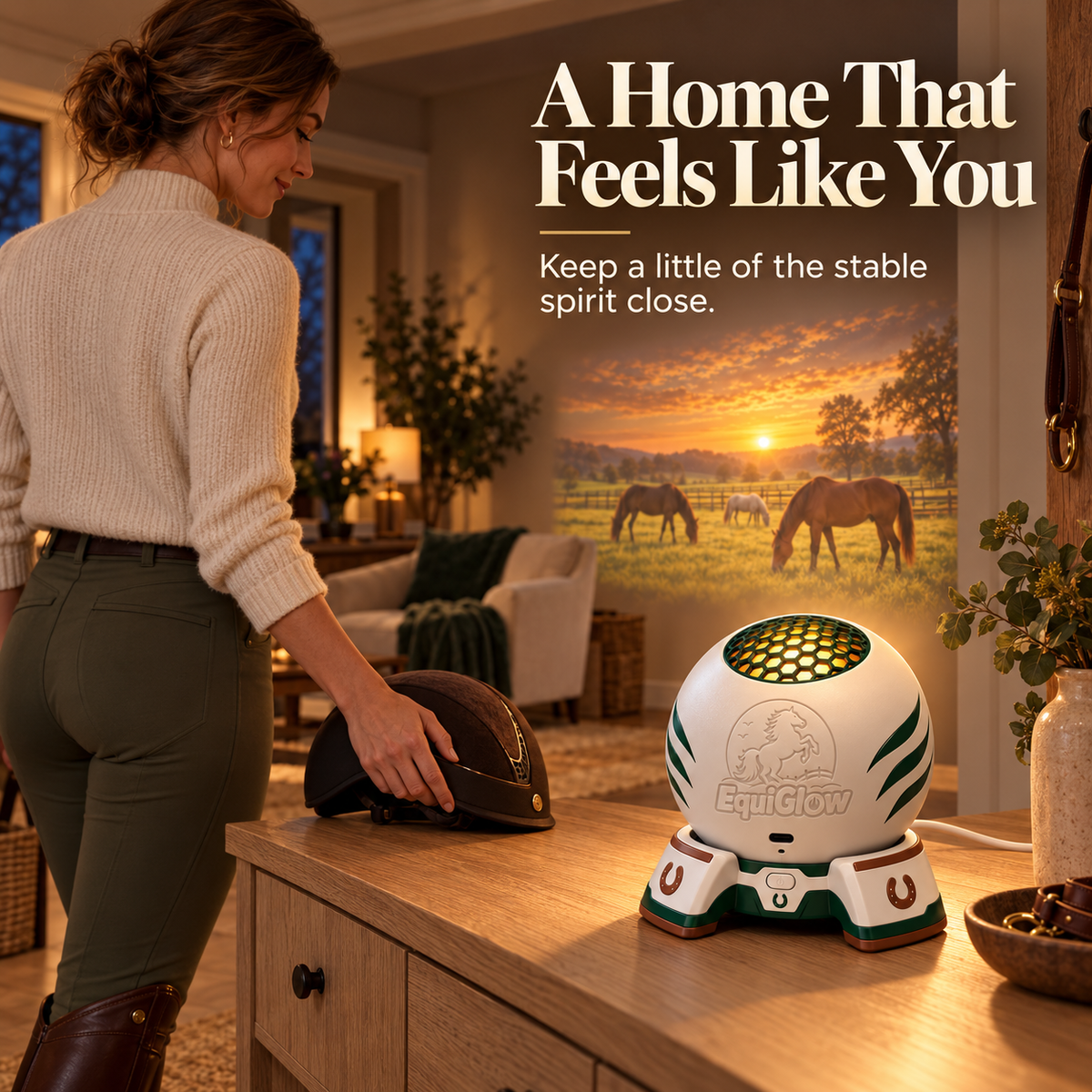 Horse lover standing beside projector with sunset horse pasture projected on wall