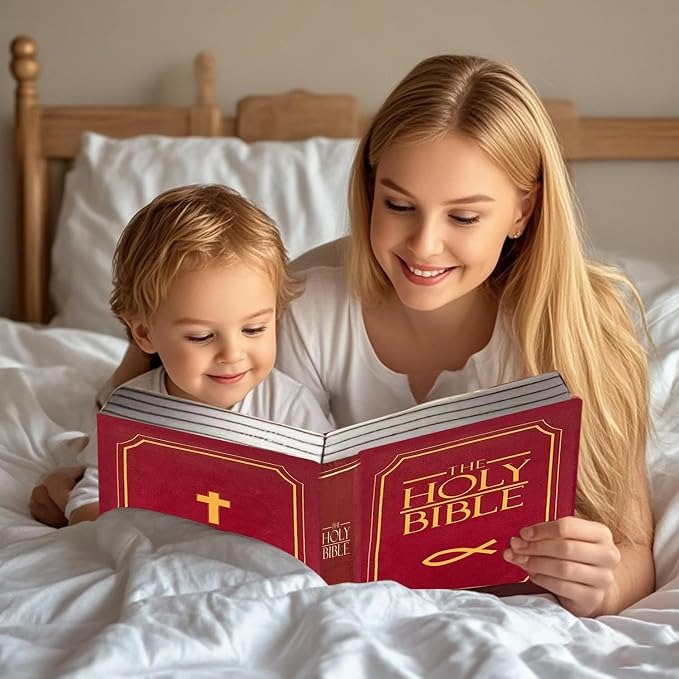 Mother and child enjoying the opened Bible Book Pillow