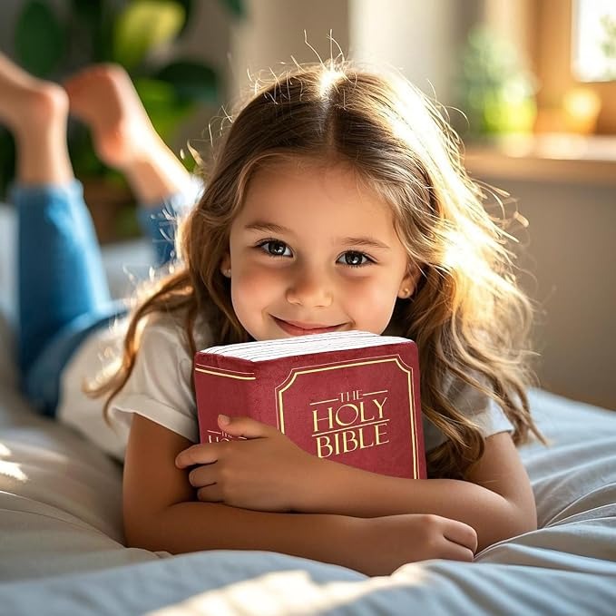 Child hugging soft Bible Book Pillow