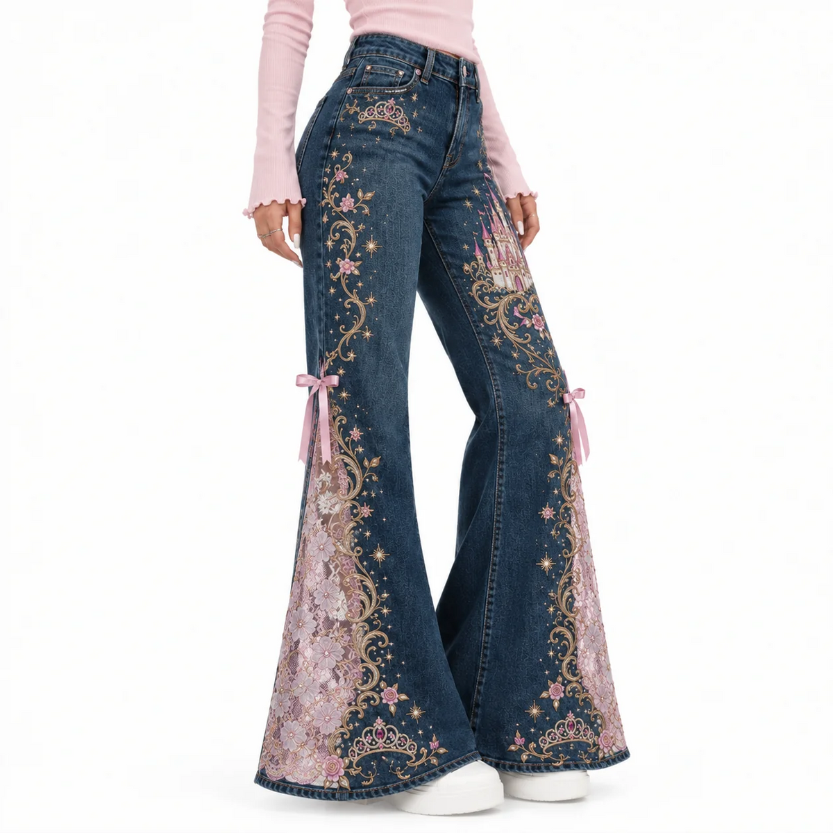 Fairytale Lace Flare Jeans – High-Waisted Embroidered Denim with Romantic Details ✨