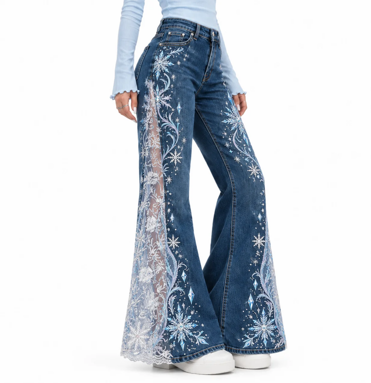 Fairytale Lace Flare Jeans – High-Waisted Embroidered Denim with Romantic Details ✨