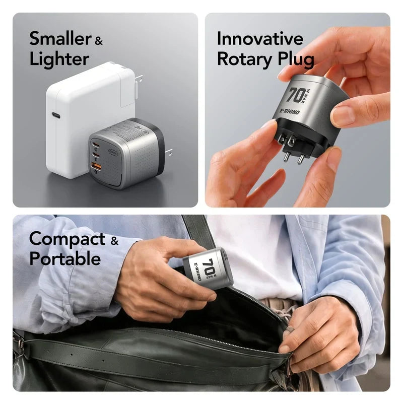 ⚡70W GaN Global Travel Charger 🌍– 3-Port Fast Charging with Integrated Rotary Plug🔌