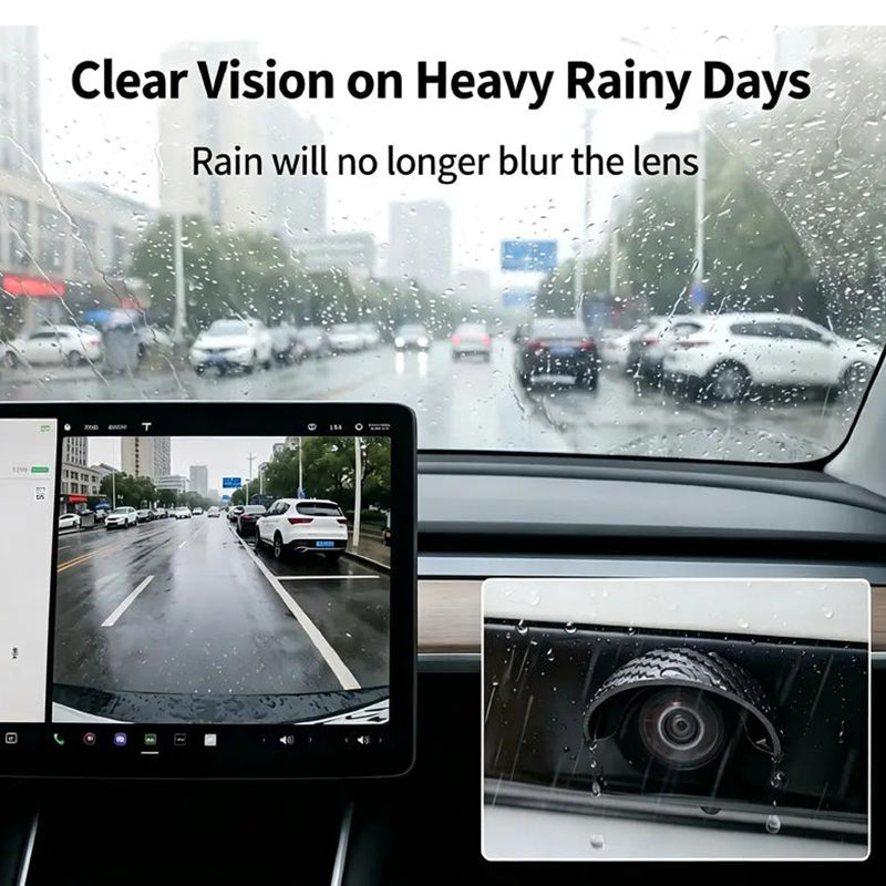Backup camera rain shield shown during rainy weather